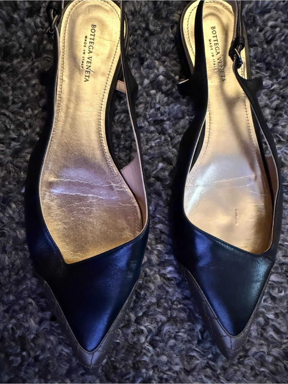 Bottega Veneta Black Leather Pointed Slingback Flats with Gold Insole - Picture 2 of 6